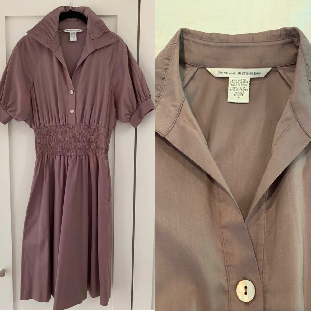 Lilac Diane Von Furstenberg smocked/ruched waist cotton blend shirtdress! Size 6